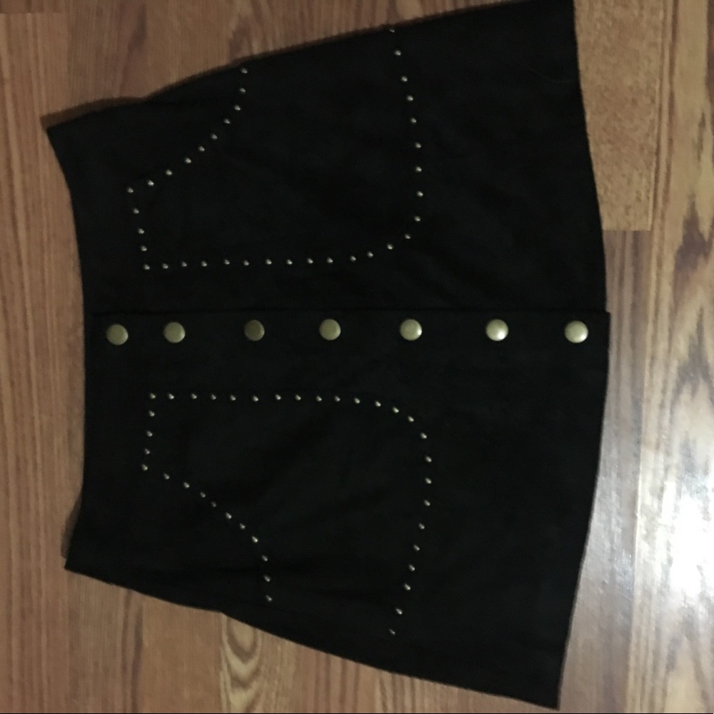 Black studded button down suede skirt
